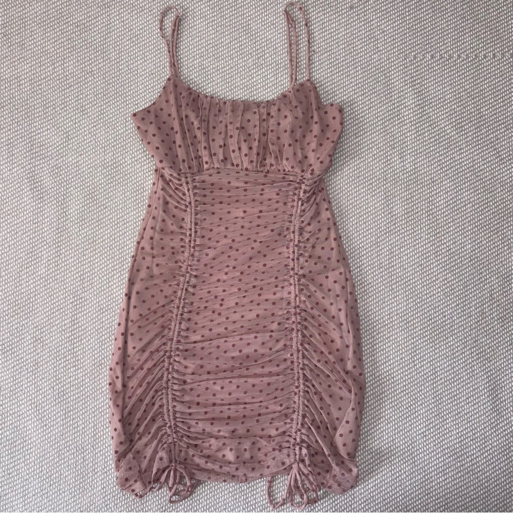 Speechless Dusty Rose Pink Swiss Dot Mesh Ruched Babydoll Bodycon Mini Dress Sm